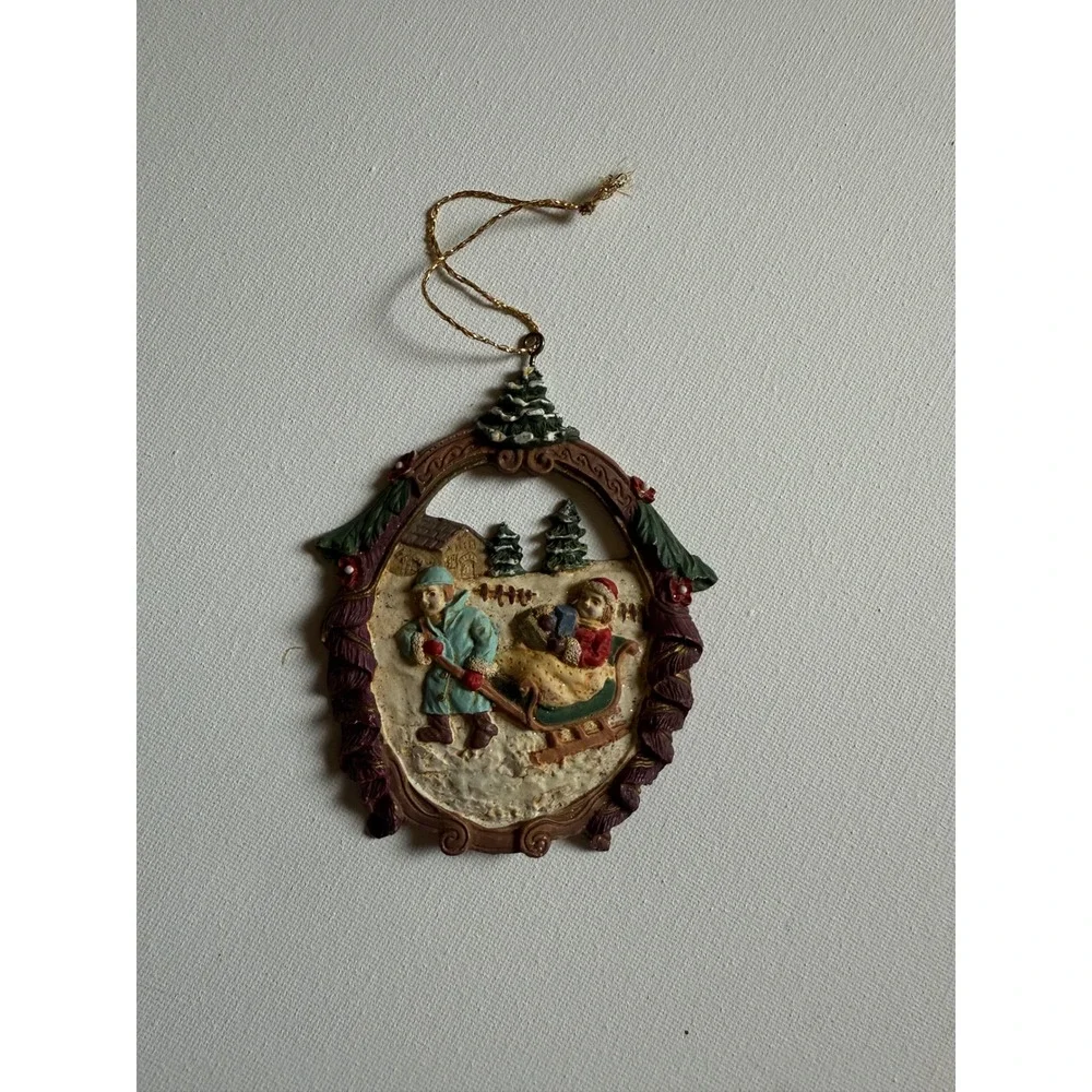 Vintage Ceramic Christmas Ornament Children with Sled Winter Scene 4 Inch